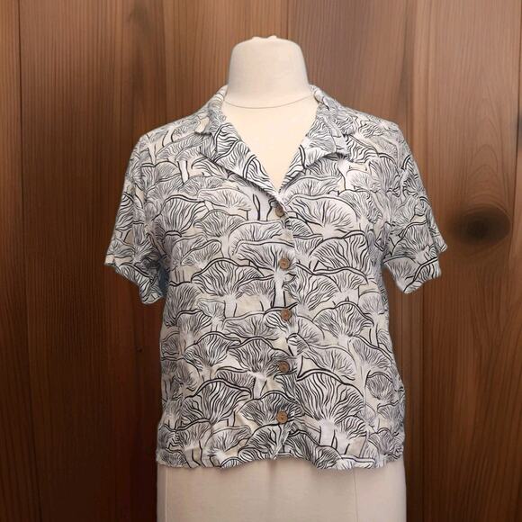 Rachel Zoe 100% Linen Cream Black Boxy Fit Short Sleeve Button Up Shirt Sz Large - Picture 1 of 8